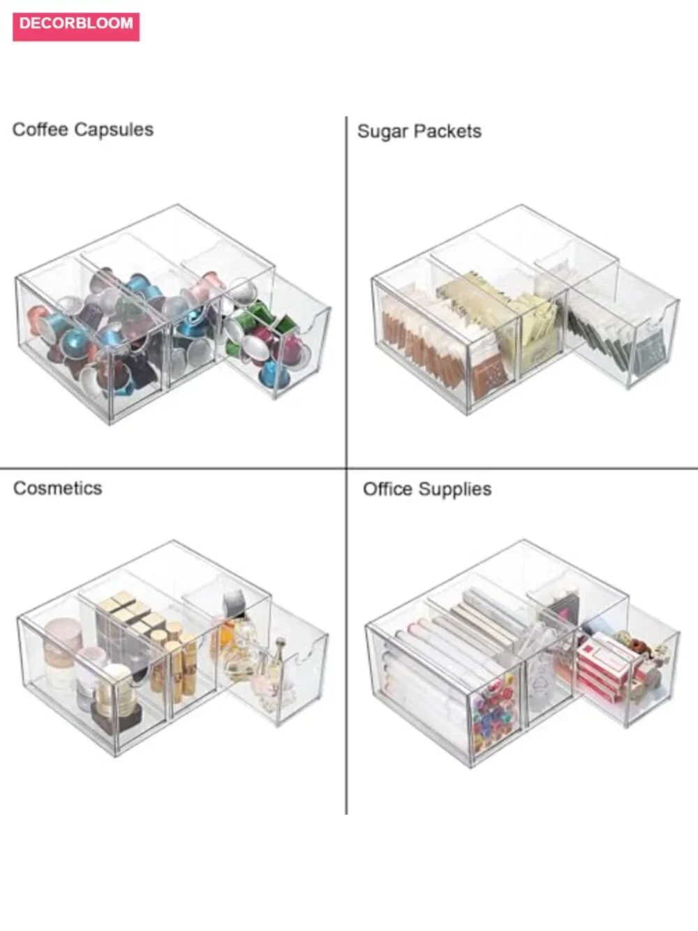 3 Drawer Acrylic Tea Bag Organizer, Clear Stackable Storage Box for Countertop